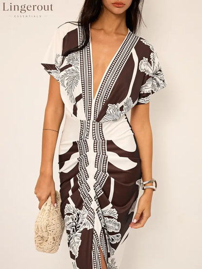 Printed Deep V-Neck Midi Dress Without Belt