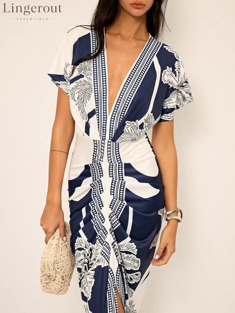 Printed Deep V-Neck Midi Dress Without Belt
