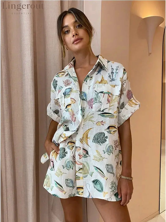 Printed Shirts Shorts Suit Female Holiday Casual Short Sleeve Loose Top Linen Women 2 Pieces Set Summer Fashion Outfits