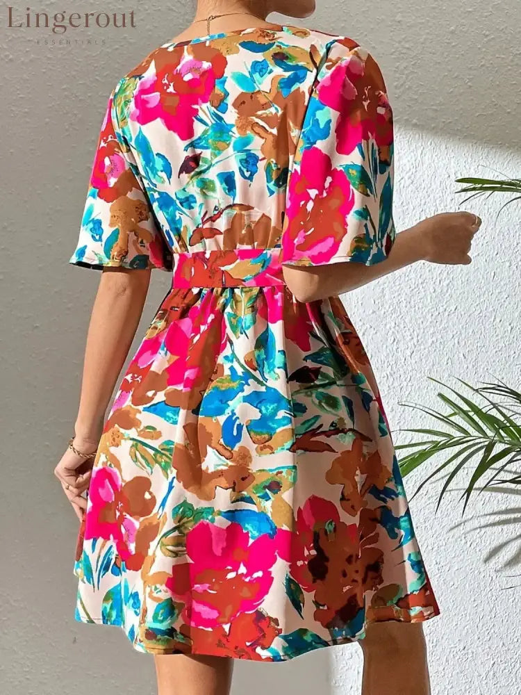 Printed Surplice Short Sleeve Mini Dress