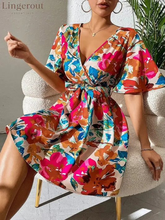 Printed Surplice Short Sleeve Mini Dress - Hot Pink / S