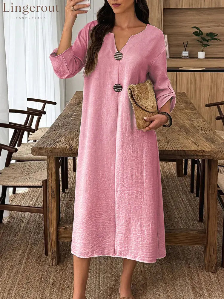 Product Details: Casual V-Neck Midi Dress - Pink / S