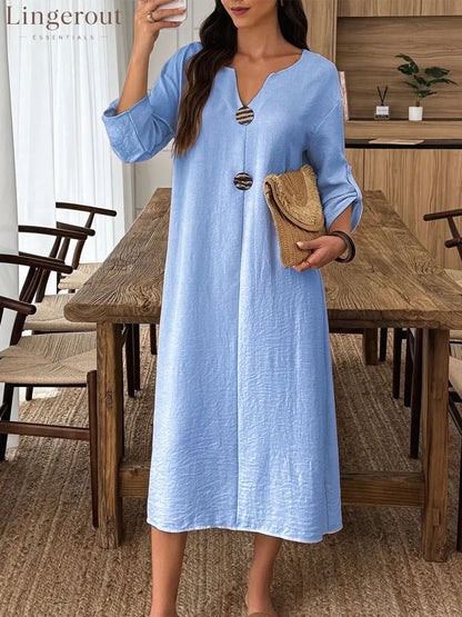 Product Details: Casual V-Neck Midi Dress - Sky blue / S