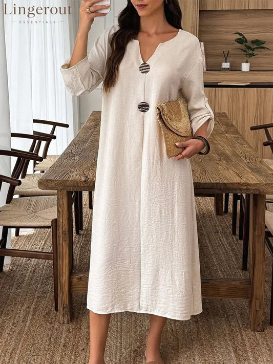 Product Details: Casual V-Neck Midi Dress - White / S
