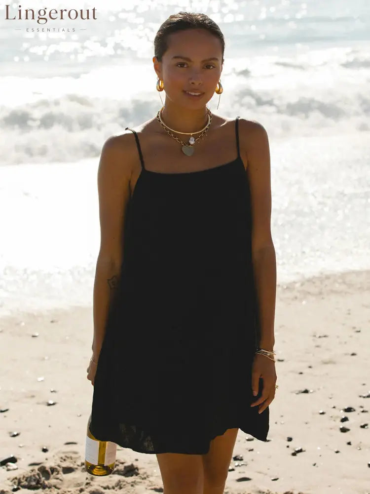 Pure Cotton Square Neck Mini Dress - Black / XS