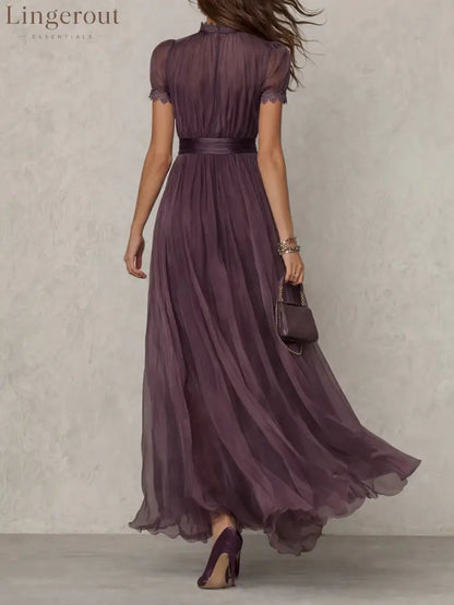 Purple Keyhole Neckline Chiffon Lace Trim Maxi Dress
