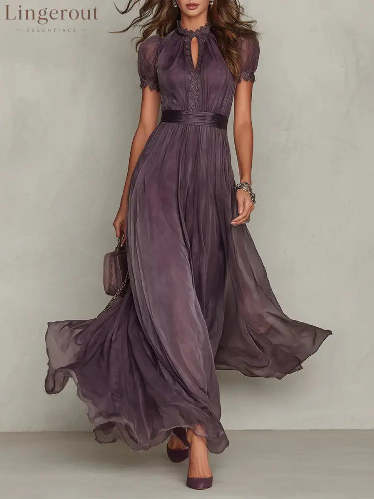 Purple Keyhole Neckline Chiffon Lace Trim Maxi Dress - Purple / S