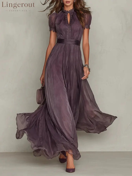 Purple Keyhole Neckline Chiffon Lace Trim Maxi Dress - Purple / S