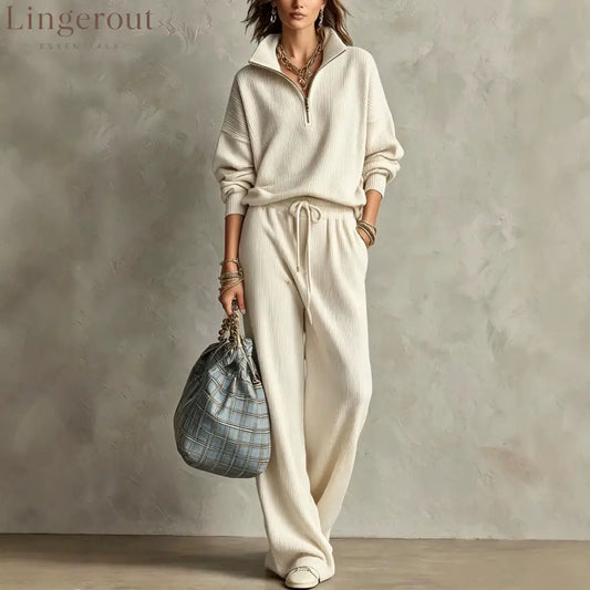 Quarter Zip Ribbed Knit Two-Piece Loungewear Set