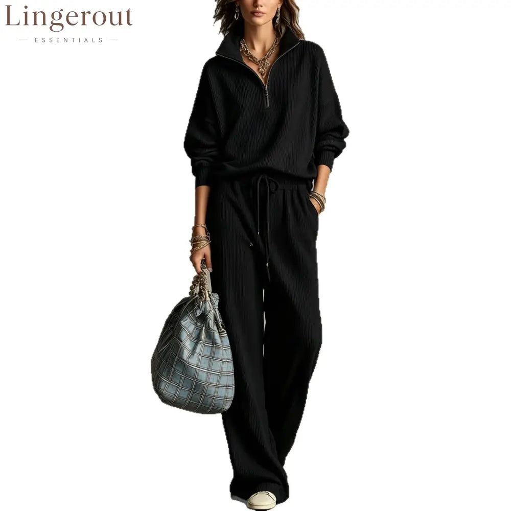 Quarter Zip Ribbed Knit Two-Piece Loungewear Set