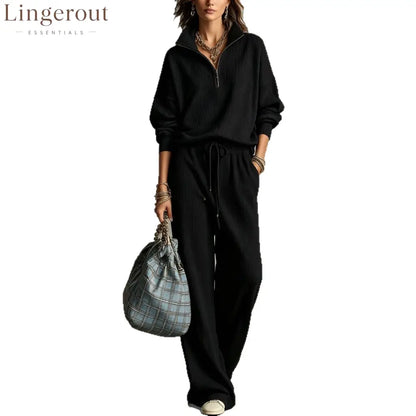 Quarter Zip Ribbed Knit Two-Piece Loungewear Set