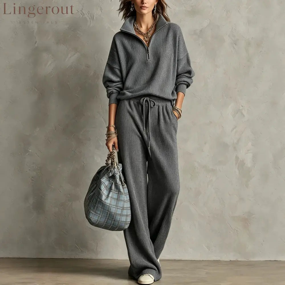Quarter Zip Ribbed Knit Two-Piece Loungewear Set