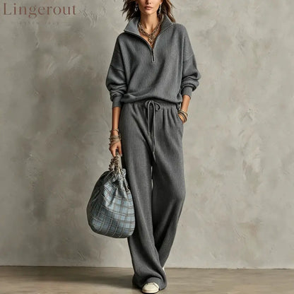 Quarter Zip Ribbed Knit Two-Piece Loungewear Set