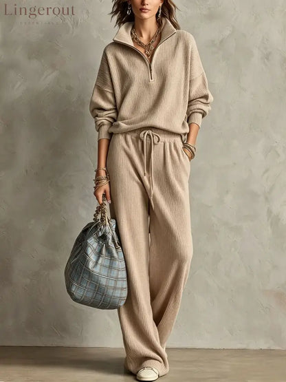 Quarter Zip Ribbed Knit Two-Piece Loungewear Set - Khaki / S