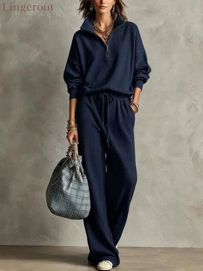 Quarter Zip Ribbed Knit Two-Piece Loungewear Set - Navy blue / S