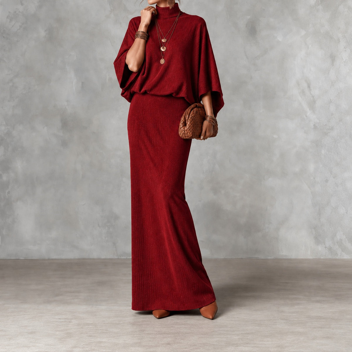 Elegant Solid Color Batwing Top Ang Skirt Two-piece Set