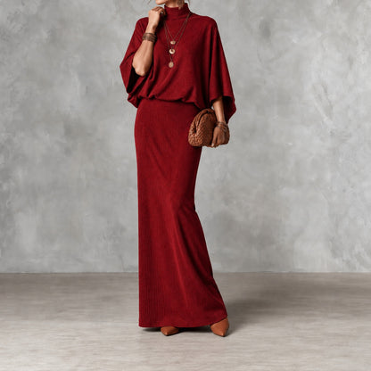 Elegant Solid Color Batwing Top Ang Skirt Two-piece Set
