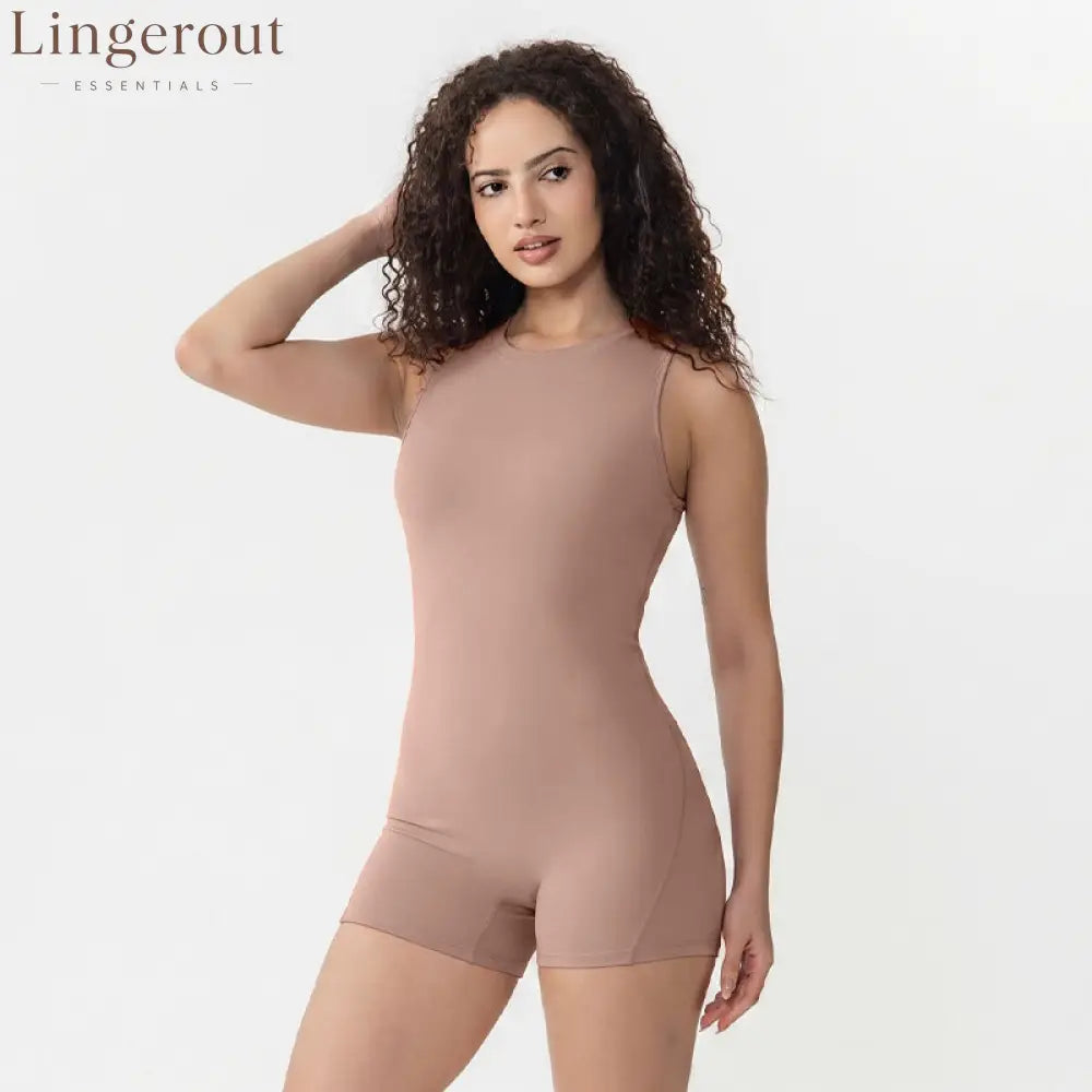 Racerback Hollow Out Back Yoga Short Jumpsuit - Apricot / XS