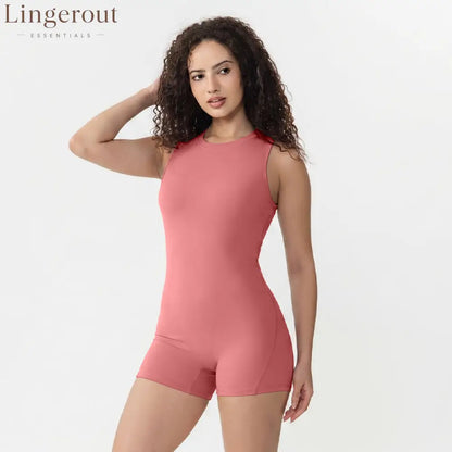 Racerback Hollow Out Back Yoga Short Jumpsuit - Pink / XS