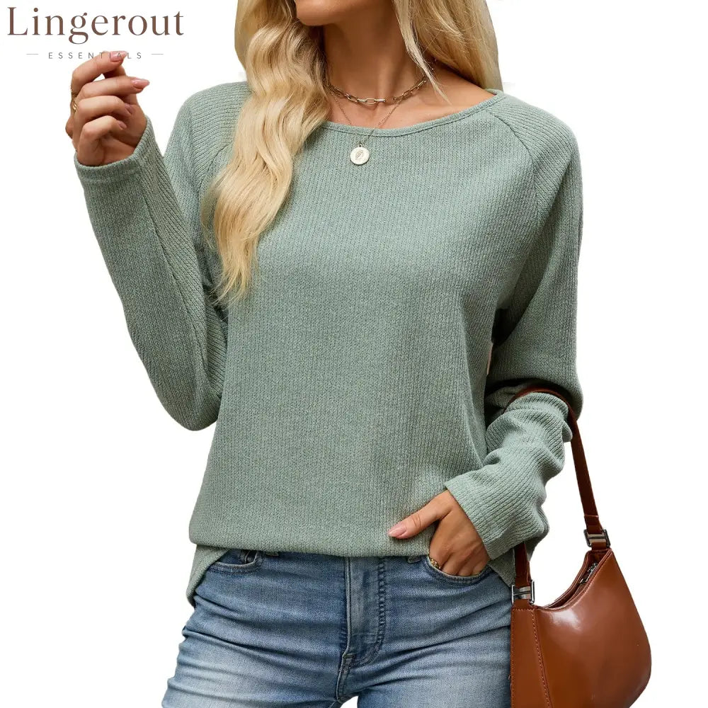 Raglan Sleeve Round Neck Knit Top - Green / S