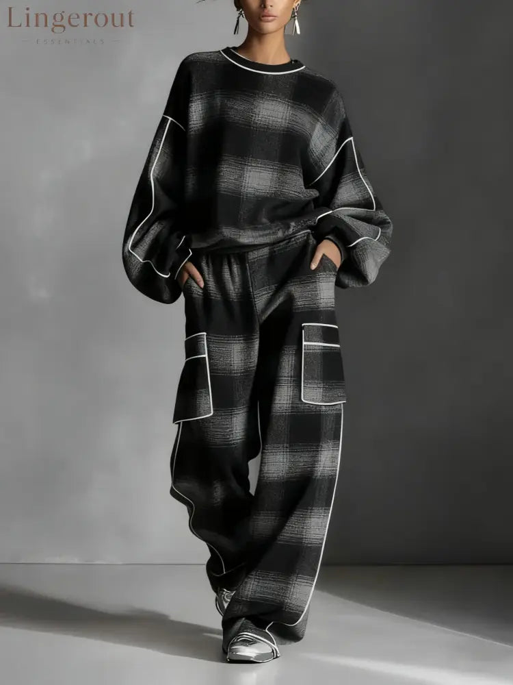Red and Gray Plaid Color-blocked Sweatshirt and Casual Pants Two-piece set - Black / S