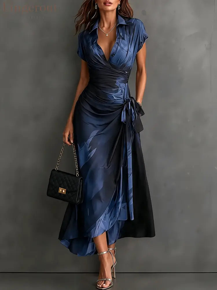 Red Black Abstract Print Wrap Midi Dress Collared V Neck Short Sleeve Tie Waist Ruffled High‑Low Hem Dress - Blue / XS