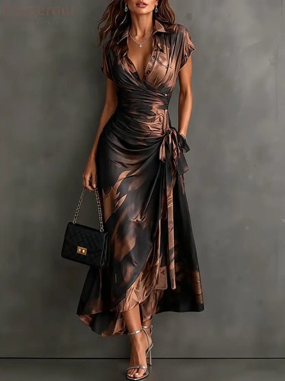 Red Black Abstract Print Wrap Midi Dress Collared V Neck Short Sleeve Tie Waist Ruffled High‑Low Hem Dress - Brown / XS