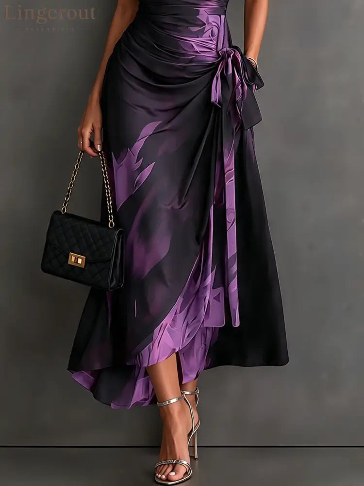 Red Black Abstract Print Wrap Midi Dress Collared V Neck Short Sleeve Tie Waist Ruffled High‑Low Hem Dress - Maxi Dress