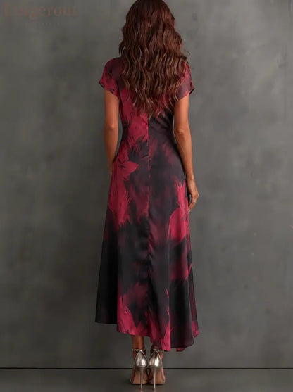 Red Black Abstract Print Wrap Midi Dress Collared V Neck Short Sleeve Tie Waist Ruffled High‑Low Hem Dress - Maxi Dress