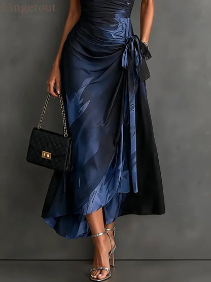 Red Black Abstract Print Wrap Midi Dress Collared V Neck Short Sleeve Tie Waist Ruffled High‑Low Hem Dress - Maxi Dress