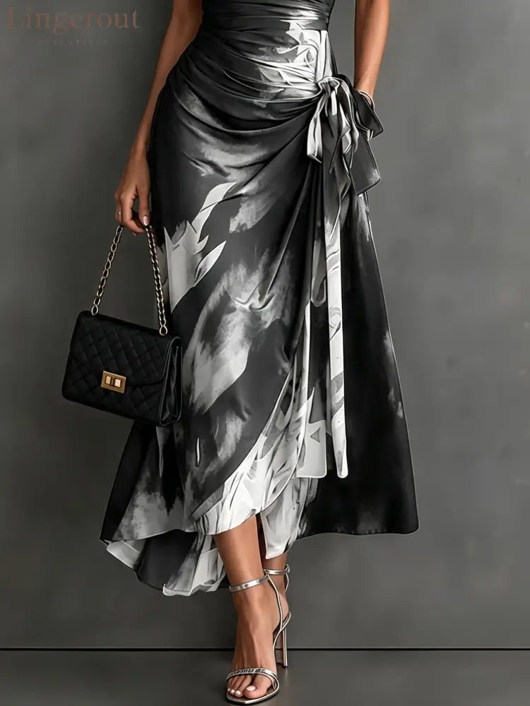 Red Black Abstract Print Wrap Midi Dress Collared V Neck Short Sleeve Tie Waist Ruffled High‑Low Hem Dress - Maxi Dress