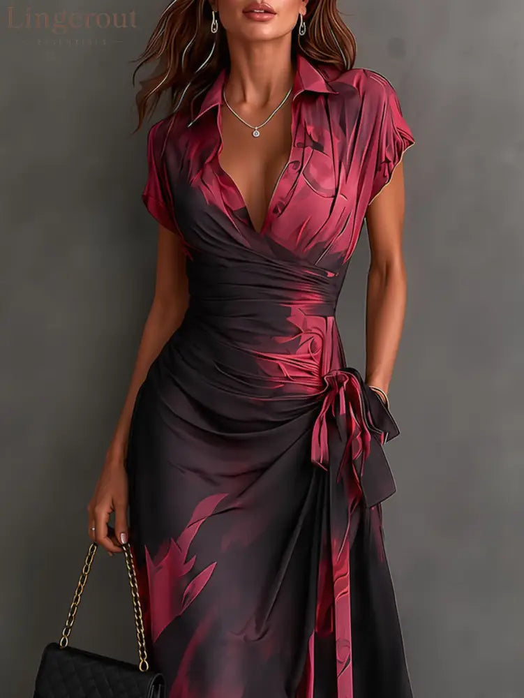 Red Black Abstract Print Wrap Midi Dress Collared V Neck Short Sleeve Tie Waist Ruffled High‑Low Hem Dress - Maxi Dress