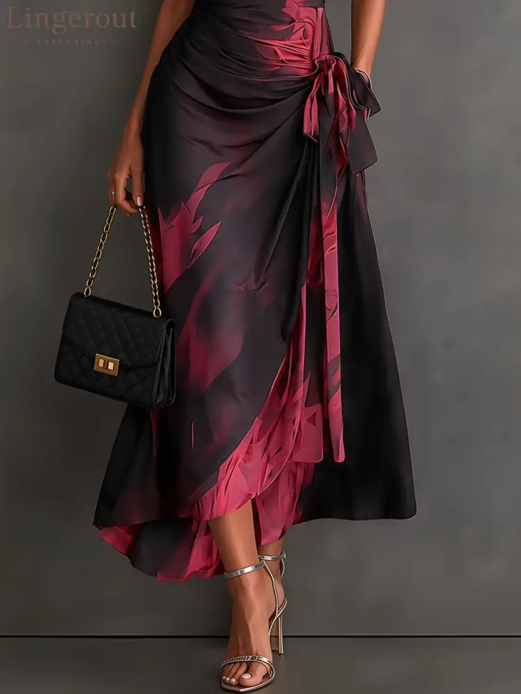 Red Black Abstract Print Wrap Midi Dress Collared V Neck Short Sleeve Tie Waist Ruffled High‑Low Hem Dress - Maxi Dress