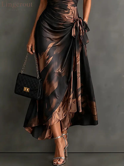 Red Black Abstract Print Wrap Midi Dress Collared V Neck Short Sleeve Tie Waist Ruffled High‑Low Hem Dress - Maxi Dress