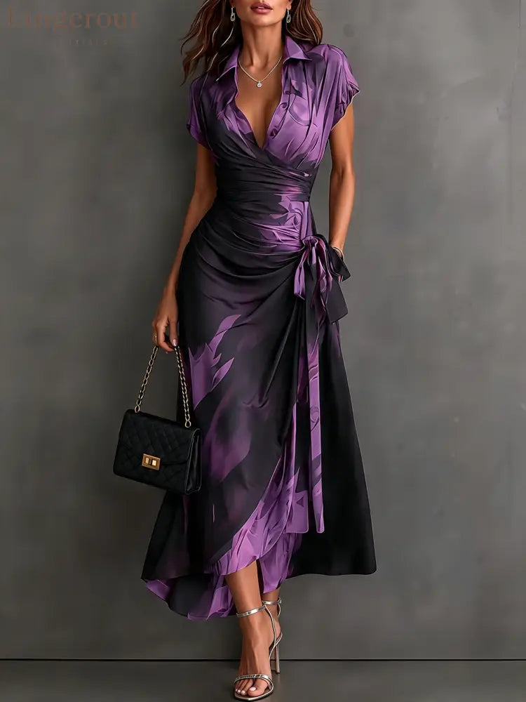 Red Black Abstract Print Wrap Midi Dress Collared V Neck Short Sleeve Tie Waist Ruffled High‑Low Hem Dress - Purple