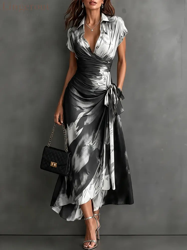 Red Black Abstract Print Wrap Midi Dress Collared V Neck Short Sleeve Tie Waist Ruffled High‑Low Hem Dress - White / XS
