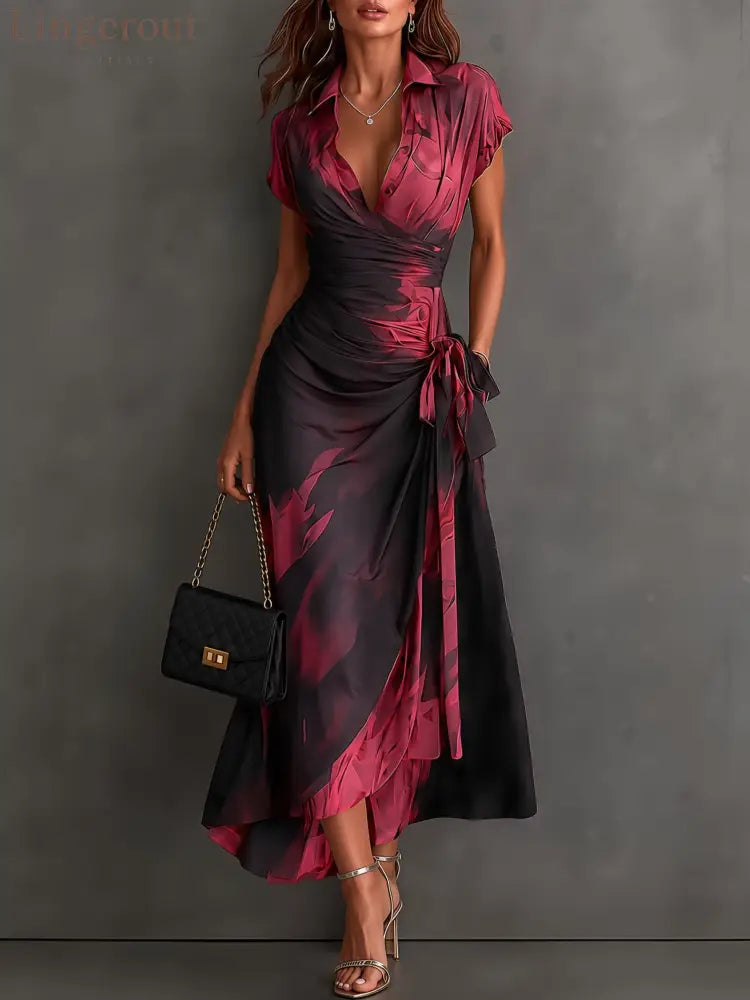 Red Black Abstract Print Wrap Midi Dress Collared V Neck Short Sleeve Tie Waist Ruffled High‑Low Hem Dress - Black / XS