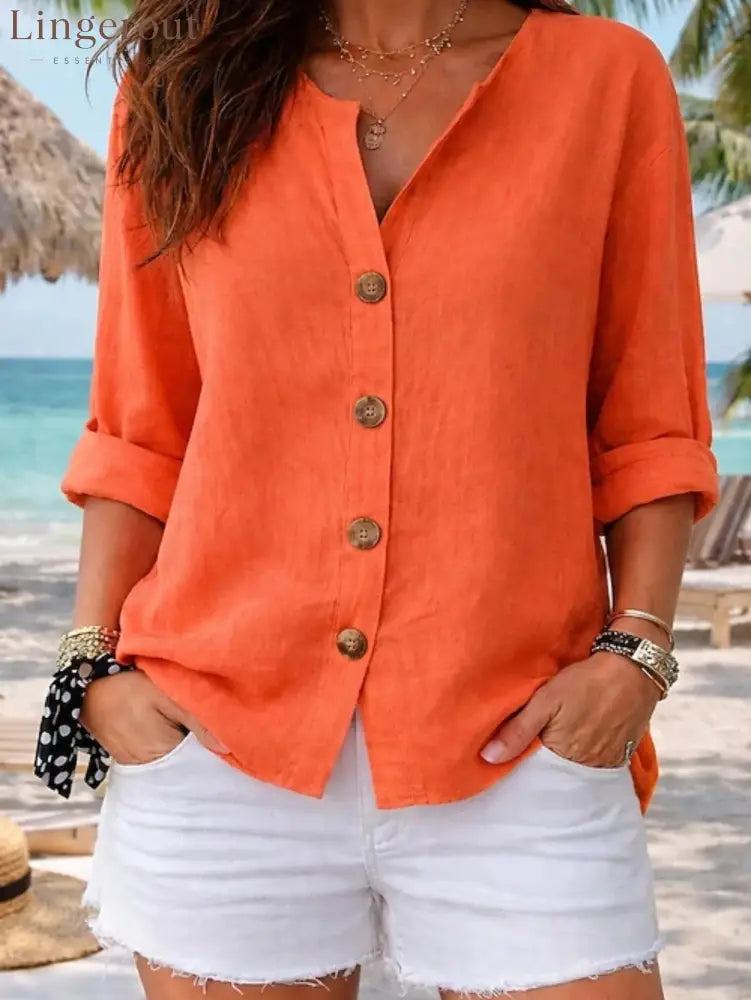 Relaxed Fit V-Neck Button-Up Blouse with Wooden Buttons