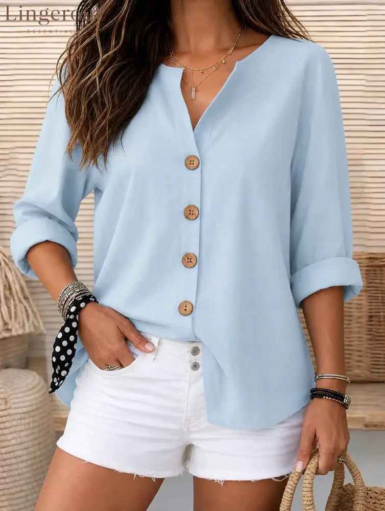 Relaxed Fit V-Neck Button-Up Blouse with Wooden Buttons