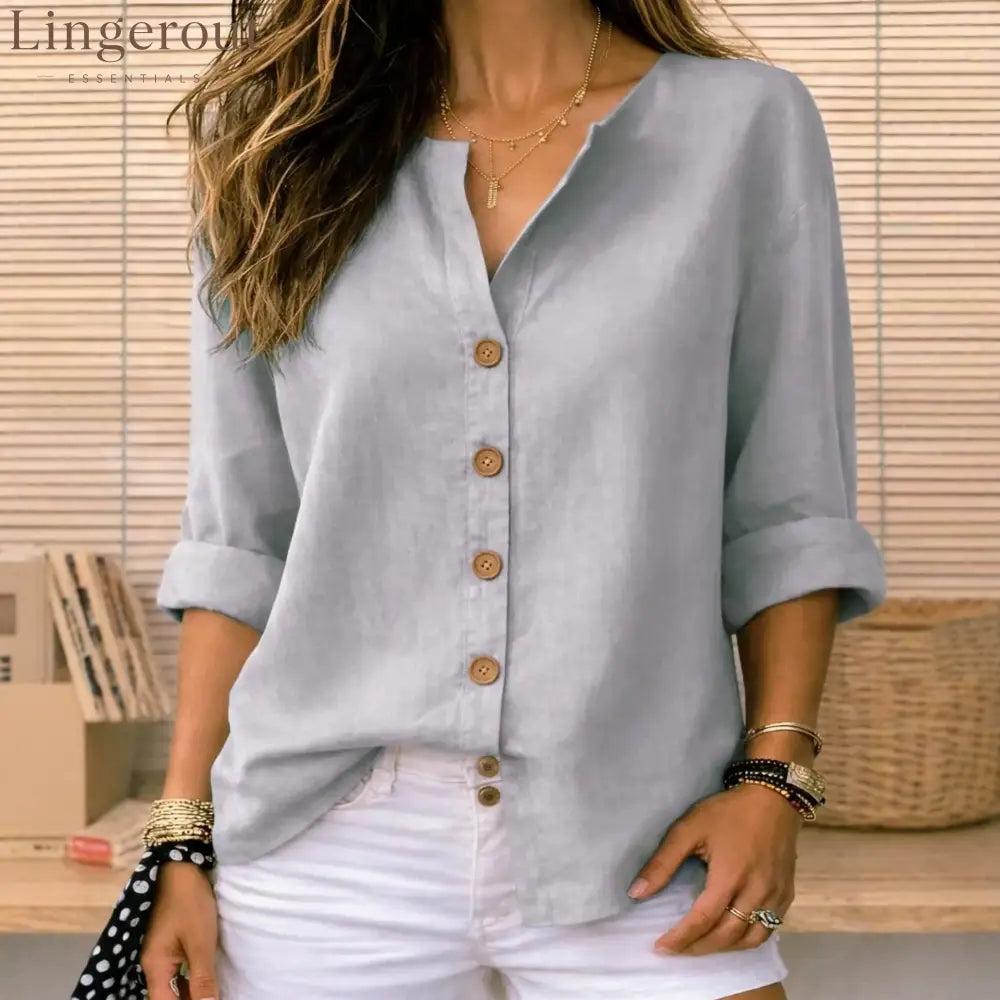Relaxed Fit V-Neck Button-Up Blouse with Wooden Buttons - Gray / S