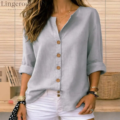 Relaxed Fit V-Neck Button-Up Blouse with Wooden Buttons - Gray / S