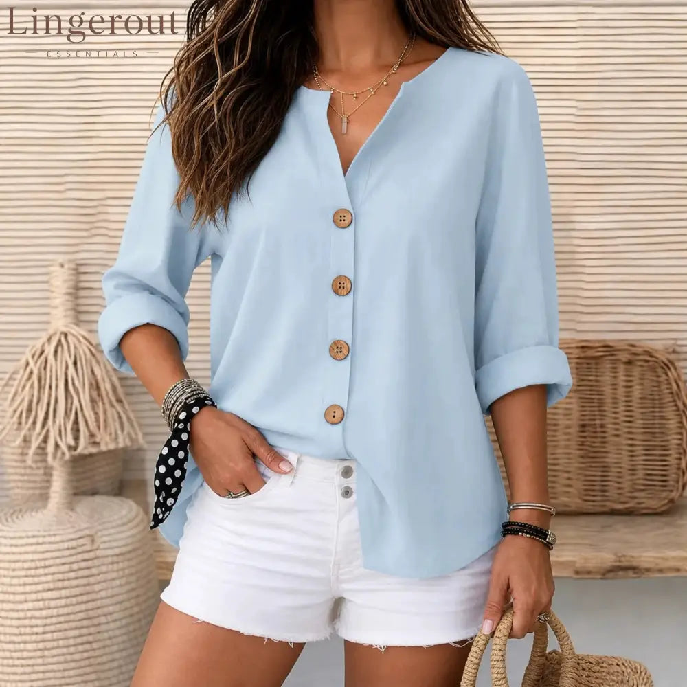 Relaxed Fit V-Neck Button-Up Blouse with Wooden Buttons - Light blue / S