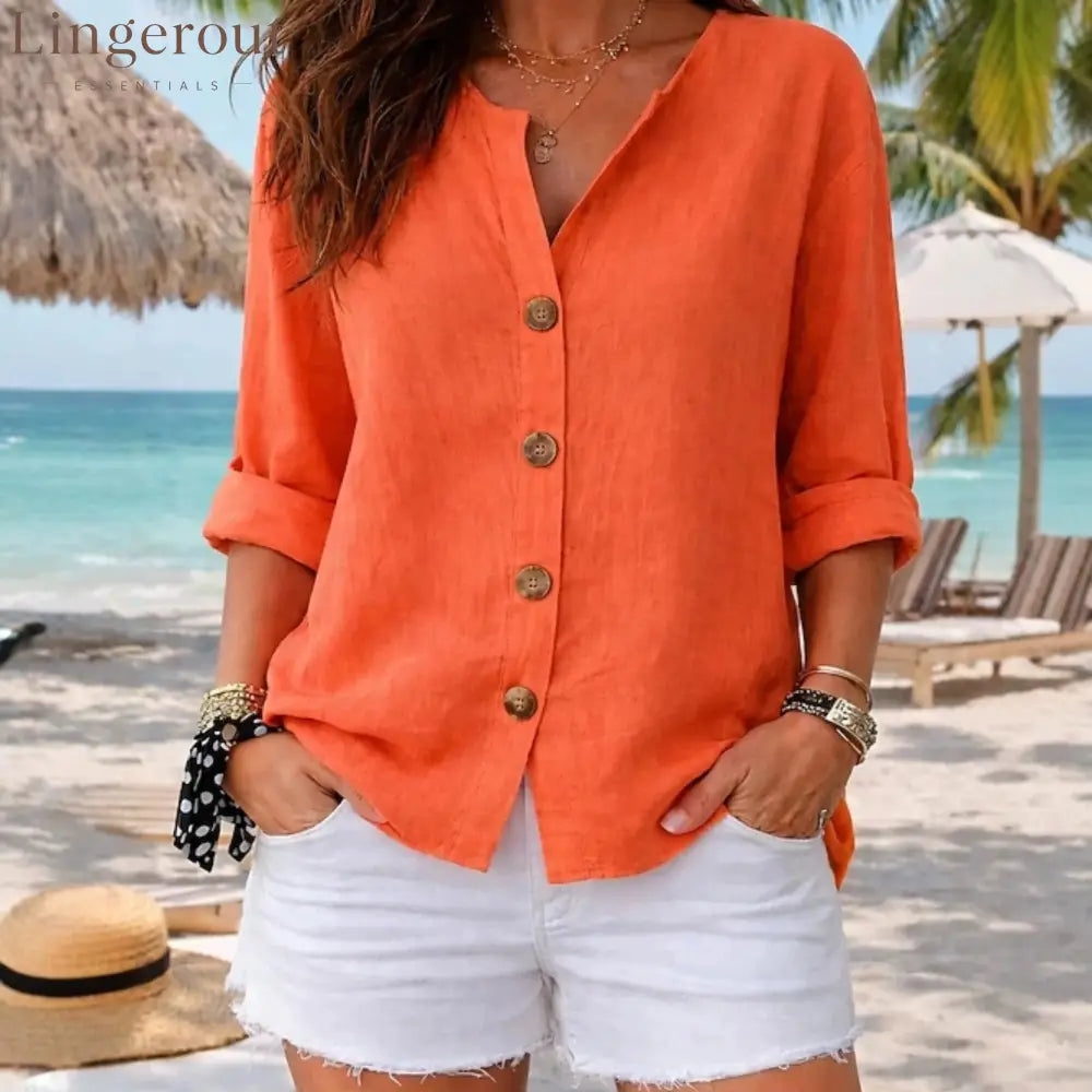 Relaxed Fit V-Neck Button-Up Blouse with Wooden Buttons - Orange‑red / S