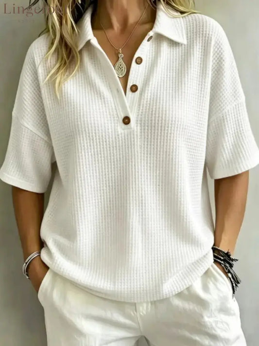 Relaxed Fit Waffle Knit Polo Top - White / S