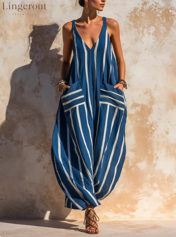 Relaxed Linen-Blend Jumpsuit - Blue / S