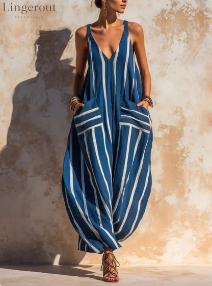 Relaxed Linen-Blend Jumpsuit - Blue / S