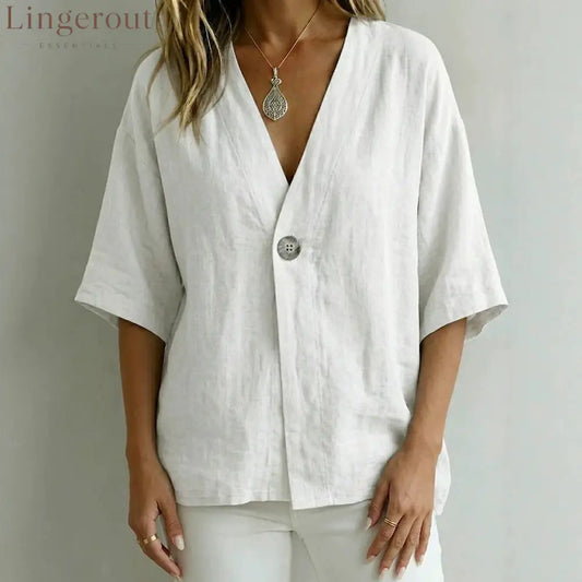 Relaxed Linen V-Neck Button-Front Shirt