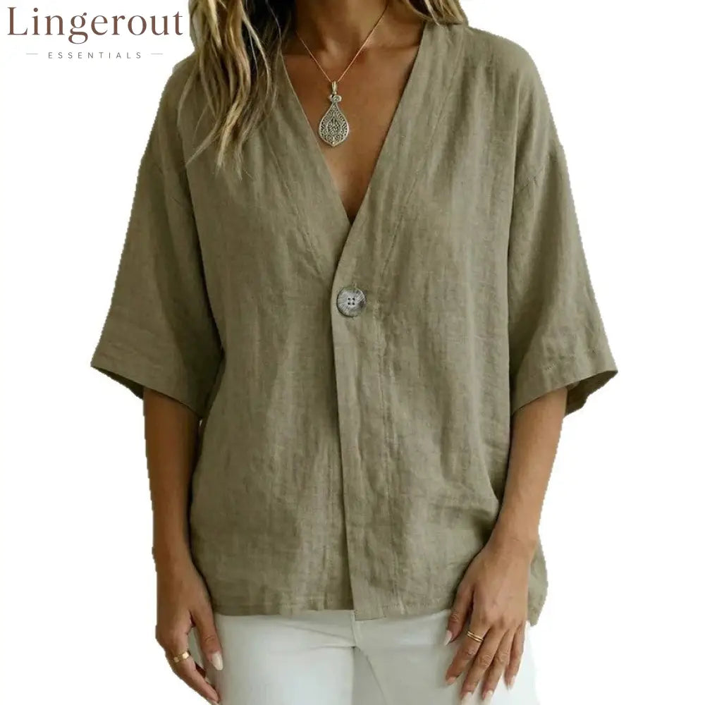 Relaxed Linen V-Neck Button-Front Shirt