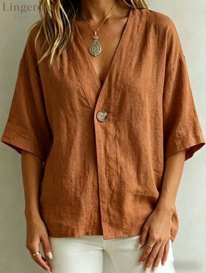 Relaxed Linen V-Neck Button-Front Shirt - Brown / S