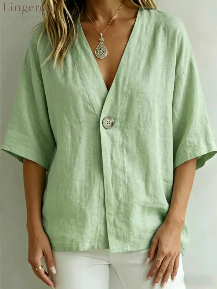 Relaxed Linen V-Neck Button-Front Shirt - Green / S
